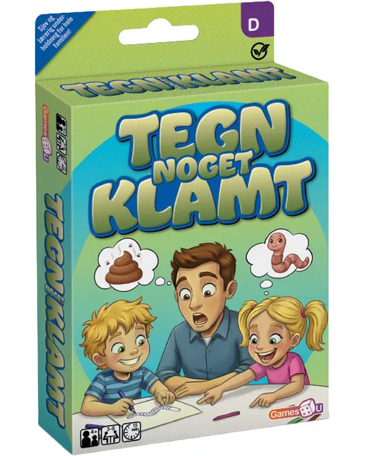 Æske til spillet 'Tegn Noget Klamt' med tegneseriefigurer af børn og voksen, der tegner. Tankebobler viser en lort-emoji og en orm. Familievenligt, inkluderer tegnegrej.