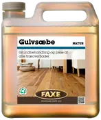 FAXE Gulvsæbe Natur, 5-liters plastdunk, til grundbehandling og pleje af alle træoverflader. Egnet til indendørs brug, bevarer træets udseende, nem hældetud, skruelåg.
