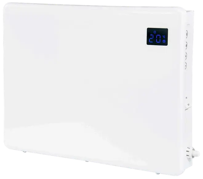 Hvid elektrisk panelradiator med digitalt display, der viser temperaturen, slankt rektangulært design, sideknapper og mulighed for vægmontering til effektiv opvarmning.