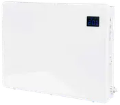 Hvid elektrisk panelradiator med digitalt display, der viser temperaturen, slankt rektangulært design, sideknapper og mulighed for vægmontering til effektiv opvarmning.