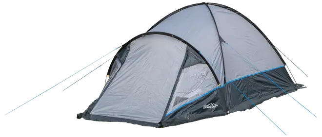 Kuformet telt til to personer med grå og mørkeblå ydre, netvindue, lynlåsdør og blå barduner. Letvægtstelt velegnet til udendørs brug.