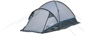 Kuformet telt til to personer med grå og mørkeblå ydre, netvindue, lynlåsdør og blå barduner. Letvægtstelt velegnet til udendørs brug.