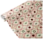 Rulle med cremefärgat julpapper med rött rutmönster och festliga motiv som kransar, träd, dekorationer och blommor.