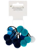 Sæt med elastikker til hestehaler med bløde pomponer i forskellige blå og hvide nuancer, fastgjort til sorte elastikker. Perfekt til at give håret et farverigt præg.