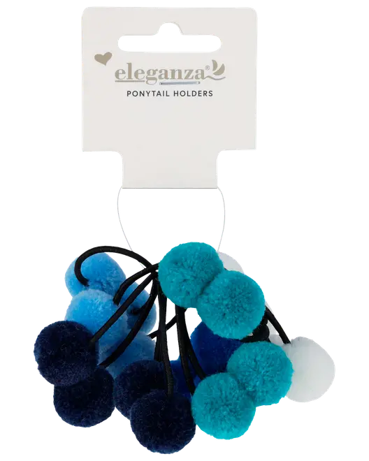 Sæt med elastikker til hestehaler med bløde pomponer i forskellige blå og hvide nuancer, fastgjort til sorte elastikker. Perfekt til at give håret et farverigt præg.