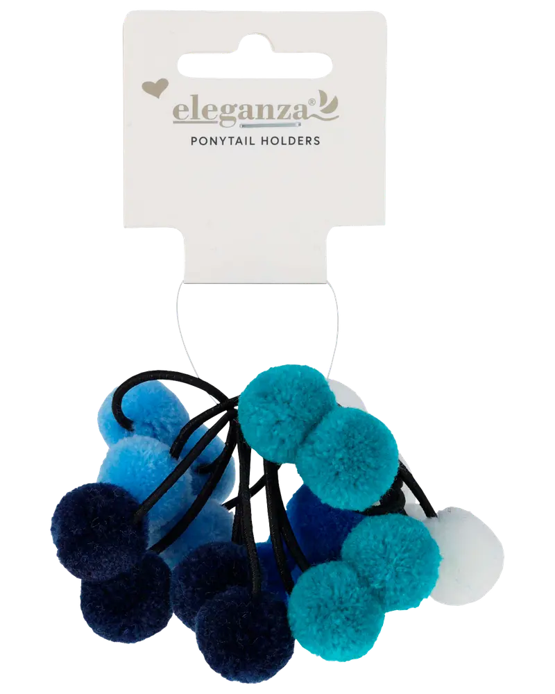Sæt med elastikker til hestehaler med bløde pomponer i forskellige blå og hvide nuancer, fastgjort til sorte elastikker. Perfekt til at give håret et farverigt præg.