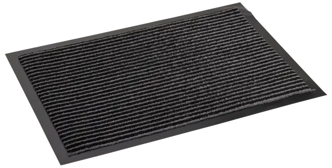 Rektangulär svart dörrmatta med grå horisontella ränder, texturerad yta och halkfri gummikant. Passar för inomhus- eller utomhusbruk, slitstark och lätt att rengöra.