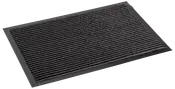 Rektangulært sort dørmåtte med grå vandrette striber, tekstureret overflade og skridsikker gummikant. Velegnet til indendørs eller udendørs brug, holdbar og nem at rengøre.