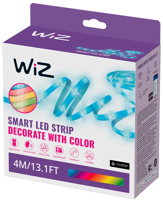 WiZ smart LED-strip, 4 meter (13,1 fod), flerfarvet, app- og stemmestyring, musik-synkronisering, kan klippes, ideel til dekoration med tilpassede lyseffekter.