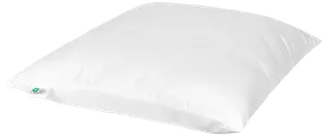 Rektangulær hvid pude med glat stofbetræk, medium tykkelse og lille grøn mærkat på siden. Velegnet til søvn eller dekoration på seng eller sofa.