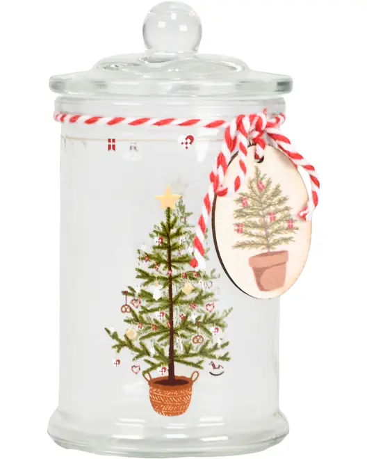 Klar glasbeholder med låg, dekoreret med juletræsmotiv og rød-hvid snor. Medfølgende mærke med træ. Perfekt til festlig opbevaring eller gave i juletiden.