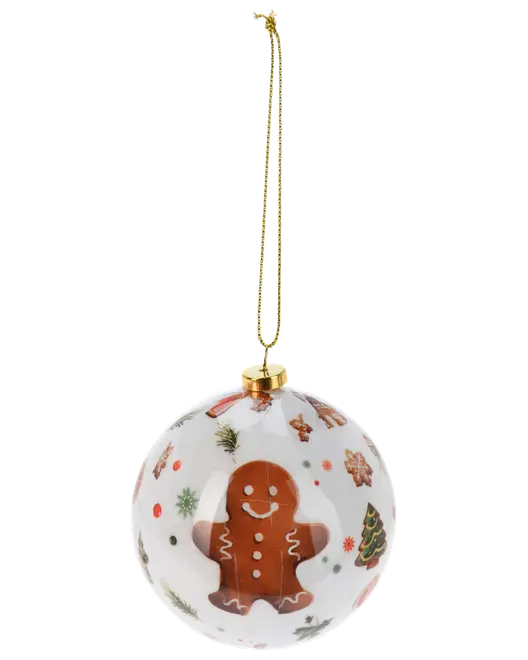 Rund julgranskula med pepparkaksgubbe, festliga motiv och gyllene snöre. Vit bakgrund med färgglada julmotiv som granar, snöflingor och godis. Blank yta.