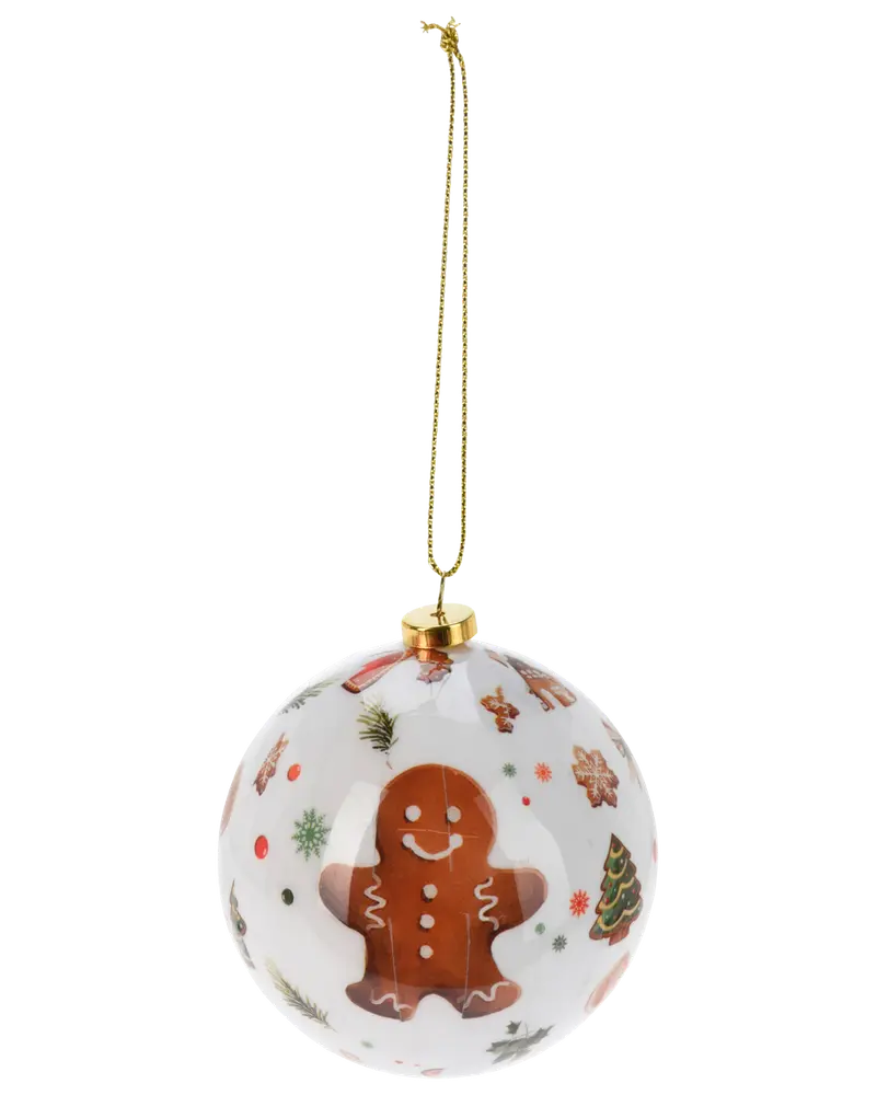 Rund julgranskula med pepparkaksgubbe, festliga motiv och gyllene snöre. Vit bakgrund med färgglada julmotiv som granar, snöflingor och godis. Blank yta.
