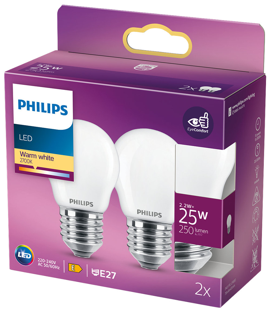 PHILIPS LED klotlampa 2,2W E27 A60 2-pack