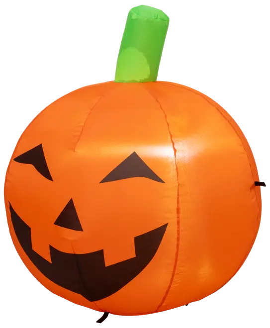 Oppustelig Halloween græskar dekoration med smilende græskarlygte-ansigt, klar orange krop og grøn stilk. Fremstillet af holdbart materiale til indendørs eller udendørs brug.