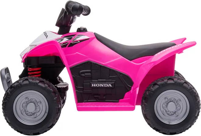 Lyserød ATV-legetøjsbil til børn, med sort sæde, realistisk styr, robuste sorte hjul med sølvfælge og Honda-logo på siden. Velegnet til små børn, til indendørs eller udendørs brug.