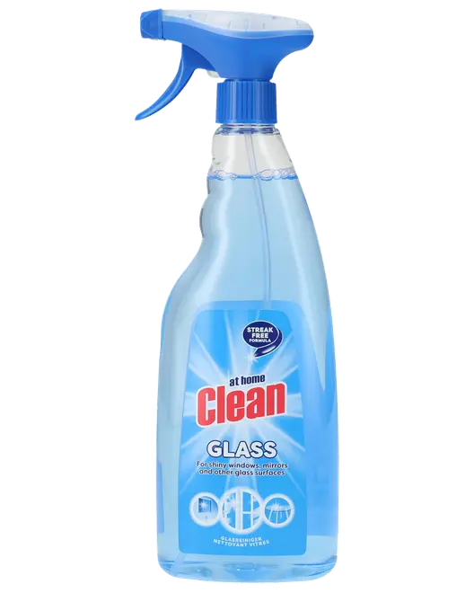 Klar plastiksprøjteflaske med blåt håndtag, indeholder blå glasrens. Etiketten siger "Clean Glass" til vinduer, spejle og glasflader. Stribefri formel. Ergonomisk design.