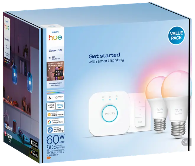 Philips Hue Essential E27 startpakke med to smarte LED-pærer, Hue Bridge og fjernbetjening. Kompatibel med Alexa, Apple Home, Google Home og tilbyder hvidt og farvet lys.