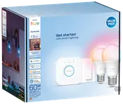 Philips Hue Essential E27 startpakke med to smarte LED-pærer, Hue Bridge og fjernbetjening. Kompatibel med Alexa, Apple Home, Google Home og tilbyder hvidt og farvet lys.