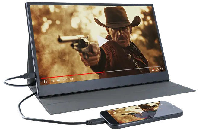 Portabel bildskärm med vikbart stativ, ansluten till en smartphone via kabel. Båda skärmar visar samma videoscen, vilket visar kompatibilitet för medieuppspelning från mobila enheter.