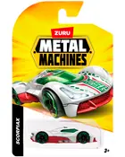 Gjutet leksaksbil med vitt, grönt och rött racertema, gröntonad vindruta och svarta hjul. Förpackad i blisterförpackning märkt 'Zuru Metal Machines'. Från 3 år.