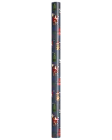 A roll of wrapping paper featuring a festive Christmas design. The paper has a dark blue background with repeating patterns of Santa Claus, Christmas trees, reindeer, wrapped gifts, and holly. The illustrations are colorful and cartoon-like, and the paper has a glossy finish.
