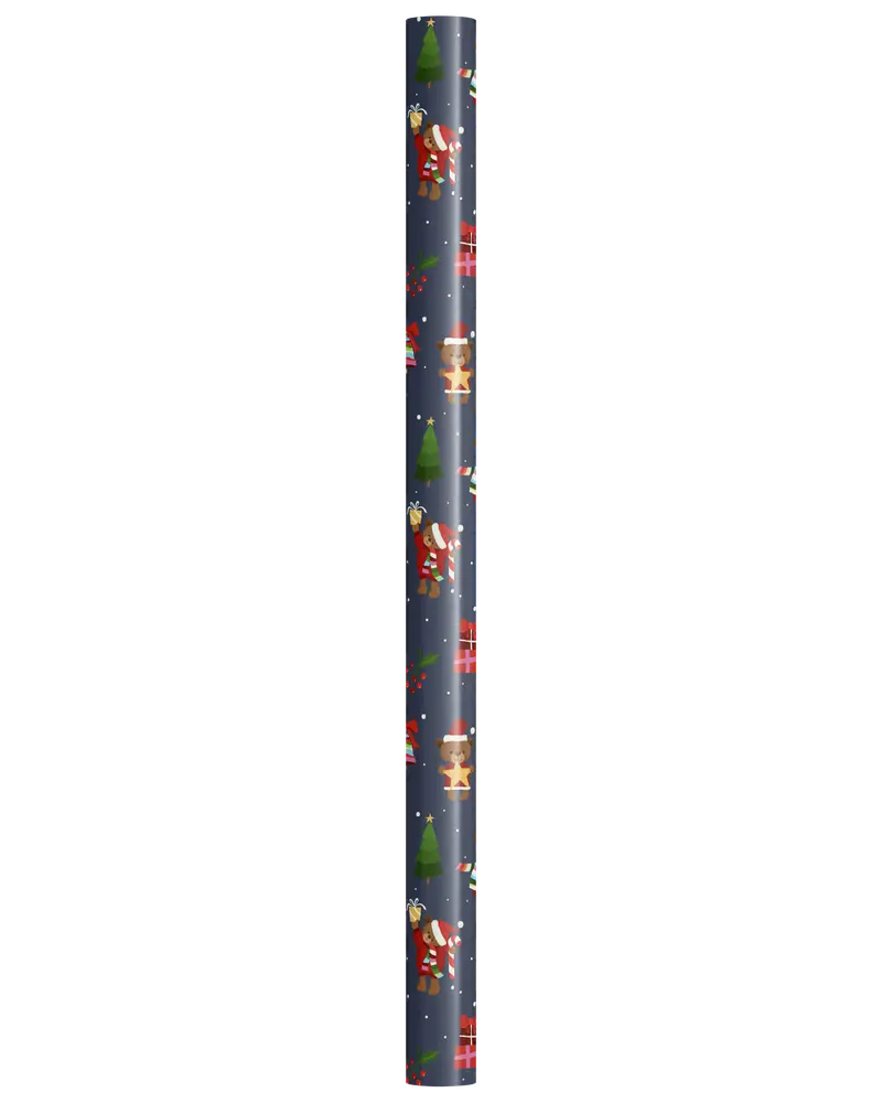 A roll of wrapping paper featuring a festive Christmas design. The paper has a dark blue background with repeating patterns of Santa Claus, Christmas trees, reindeer, wrapped gifts, and holly. The illustrations are colorful and cartoon-like, and the paper has a glossy finish.