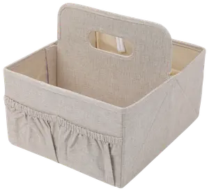 Beige opbevaringskurv i stof med håndtag, to elastiske lommer foran og åbent hovedrum. Robust og let design, perfekt til organisering af babyudstyr eller husholdningsartikler.
