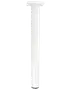 Hvidt cylindrisk bordben med flad monteringsplade øverst. Fremstillet af metal, glat finish, egnet til borde eller skriveborde. Moderne, minimalistisk design, justerbar højde i bunden.