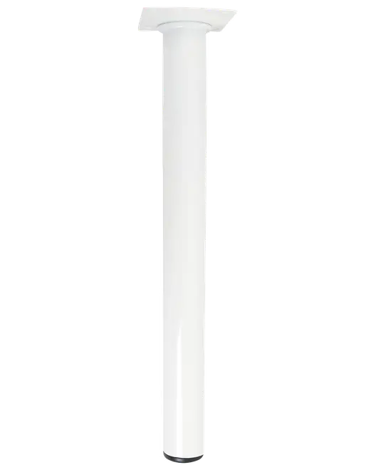 Hvidt cylindrisk bordben med flad monteringsplade øverst. Fremstillet af metal, glat finish, egnet til borde eller skriveborde. Moderne, minimalistisk design, justerbar højde i bunden.