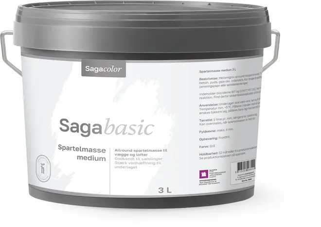 Saga basic spartelmasse medium, 3 liters plastspand med hank. Velegnet til vægge og lofter, grå farve, dansk tekst. Til allround spartel- og samlingsopgaver indendørs.