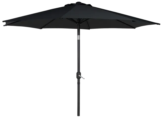 Stor svart utomhusparaply med robust metallstolpe, vev för enkel öppning och bred skärm för solskydd. Perfekt för trädgård, uteplats eller utomhusmiljöer.