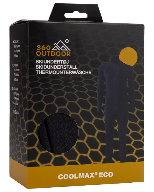 Sort og gul 360 Outdoor skundertøj-emballage med bikagemønster, vindue med sort stof og COOLMAX ECO-mærkning.