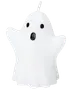 Vit ljus formad som ett spöke med uppsträckta armar, svarta ögon och öppen mun. En veke på toppen. Perfekt för Halloween eller dekoration.