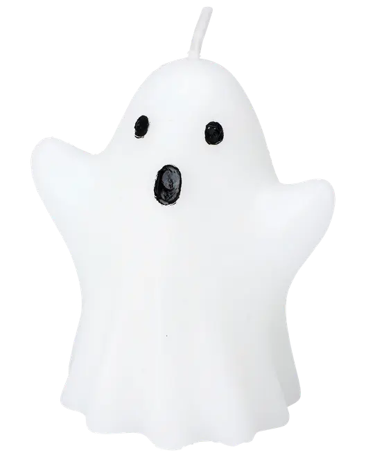 Vit ljus formad som ett spöke med uppsträckta armar, svarta ögon och öppen mun. En veke på toppen. Perfekt för Halloween eller dekoration.