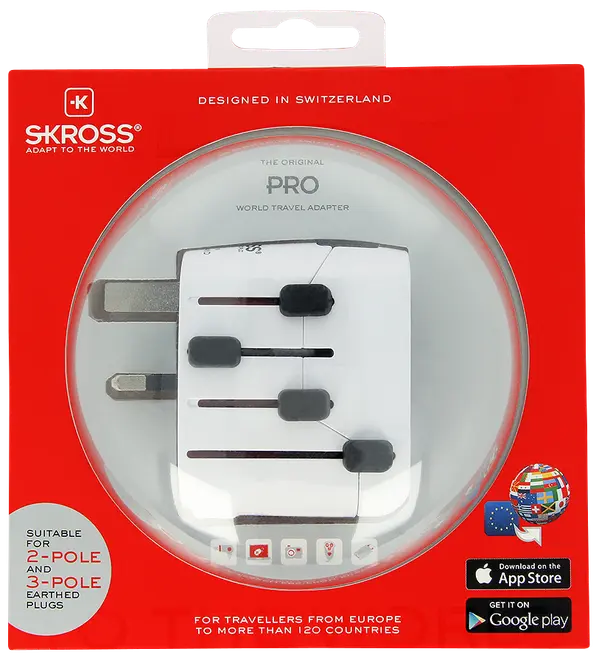 Universal hvid rejseadapter med flere stiktyper, egnet til 2-polet og 3-polet jordede stik, designet til brug i over 120 lande. Kompakt med skydeknapper til stiktyper.