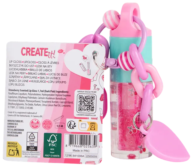 Jordgubbsdoftande rosa läppglans i genomskinlig tub med pastellrosa och turkos kork, fäst vid en tjock rosa och lila nyckelring med hjärt- och pärlberlocker.