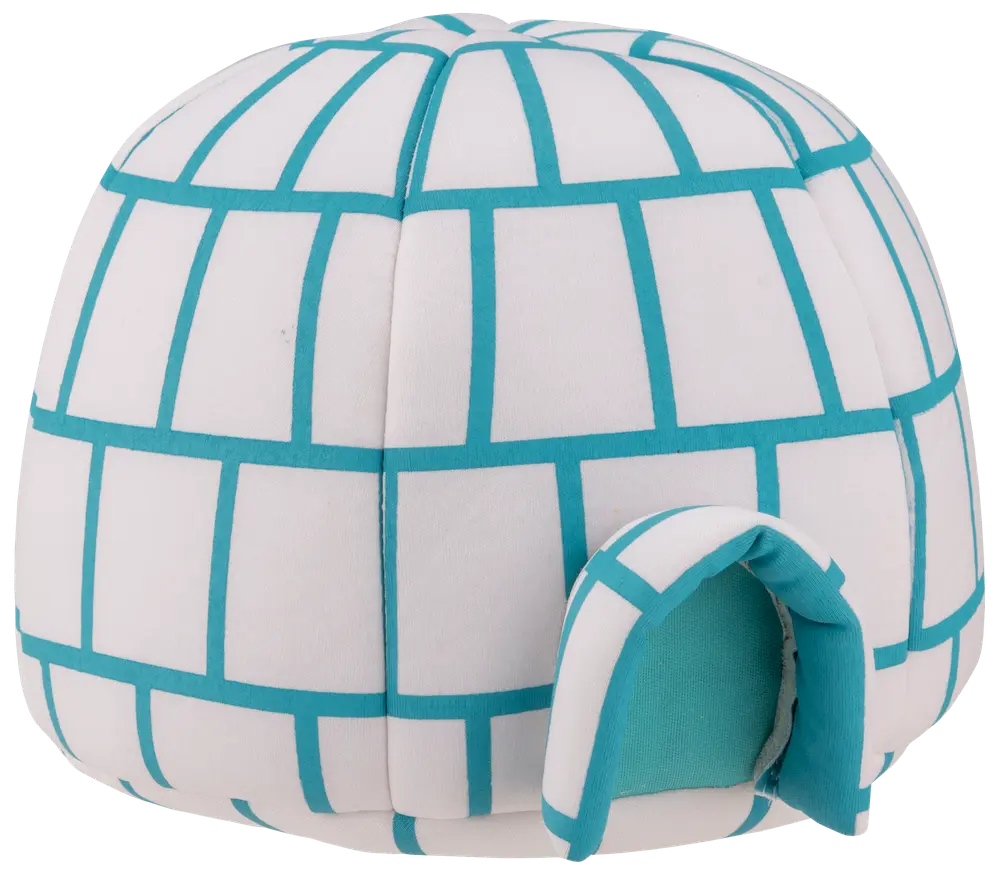 Mjuk, kupolformad djurbädd utformad som en igloo, med vitt tyg och blå rutor, samt en liten bågformad ingång för husdjuret.