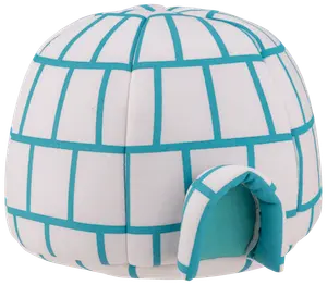Mjuk, kupolformad djurbädd utformad som en igloo, med vitt tyg och blå rutor, samt en liten bågformad ingång för husdjuret.