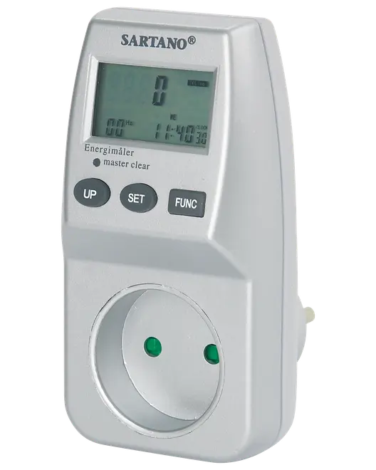 Digital energimåler med LCD-skærm, tre knapper (UP, SET, FUNC) og standard europæisk stik. Måler og viser strømforbrug for tilsluttede apparater.