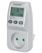 Digital energimåler med LCD-skærm, tre knapper (UP, SET, FUNC) og standard europæisk stik. Måler og viser strømforbrug for tilsluttede apparater.