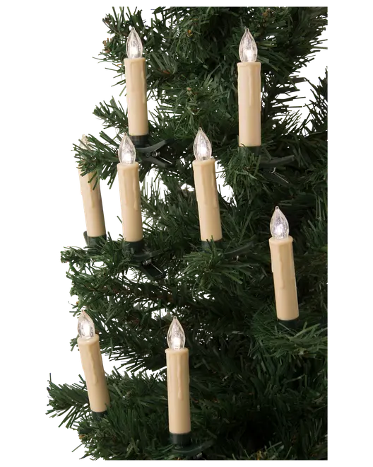 Sæt elektriske juletræslys med cremefarvede kroppe og klare flammeformede pærer, monteret på grønne clips til nem placering på grene. Klassisk, vintage julepynt.