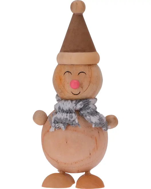 Träsnögubbe med brun hatt, rosa näsa, leende ansikte, rund kropp och gråvit stickad halsduk. Dekorativ för vinter eller högtider.