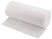 En rulle vita plastpåsar, delvis utrullad. Passar som soppåsar. Materialet ser tunt och lätt ut.