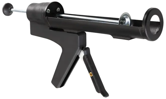 Sort fugepistol med ergonomisk håndtag, metaludløser og rund cylinder til fugemasse. Velegnet til præcis påføring ved bygge- eller renoveringsarbejde.