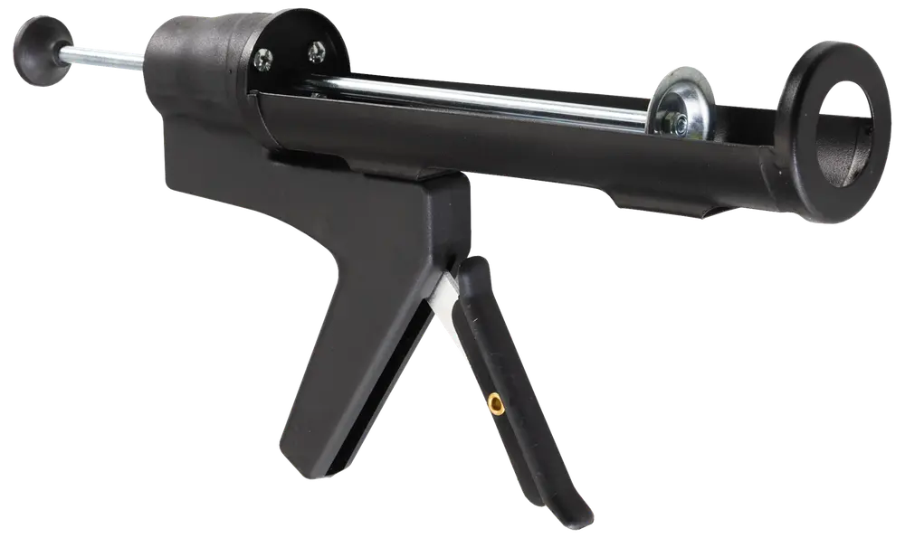 Svart fogpistol med ergonomiskt handtag, metallavtryckare och rund cylinder för fogmassa. Perfekt för noggrann applicering vid bygg- eller renoveringsarbeten.