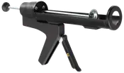 Sort fugepistol med ergonomisk håndtag, metaludløser og rund cylinder til fugemasse. Velegnet til præcis påføring ved bygge- eller renoveringsarbejde.