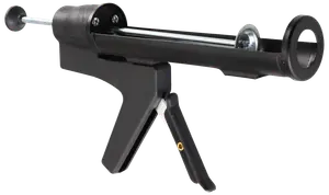 Svart fogpistol med ergonomiskt handtag, metallavtryckare och rund cylinder för fogmassa. Perfekt för noggrann applicering vid bygg- eller renoveringsarbeten.