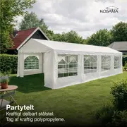 Hvidt Kosama partytelt i have med kraftigt delbart stålstel og tag af polypropylen.