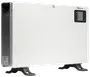 Slank hvid elpanelvarmer med sort sidehus, digital termostatdisplay, betjeningsknapper og fritstående fødder.